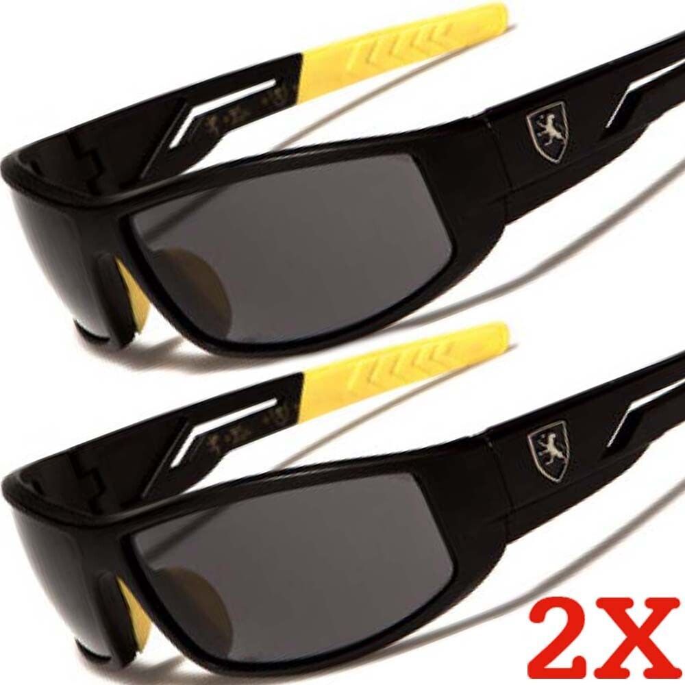 2 Pairs Black Yellow Golf Driving Biker Stylish Wrap Sport Dark Lens Sunglasses